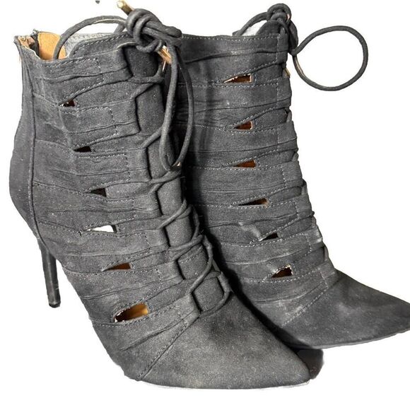 Anne Michelle Black Faux Leather Lace Up Size 7 Witchy Whimsigoth Dark Edgy Glam - Picture 1 of 9